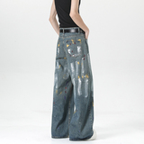 欧美炸街裤子刷漆涂鸦做旧牛仔裤男女美式宽松休闲裤直筒裤P48，男装休闲裤，星座410-6（原星座1304-1）