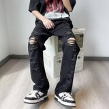 美式街头破坏感牛仔裤男夏季潮牌hiphop宽松水洗做旧百搭直筒P45，男装牛仔裤，星座410-6（原星座1304-1）