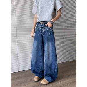 美式复古碎花刺绣蓝色牛仔裤男女宽松休闲弯刀阔腿长裤潮P50图片