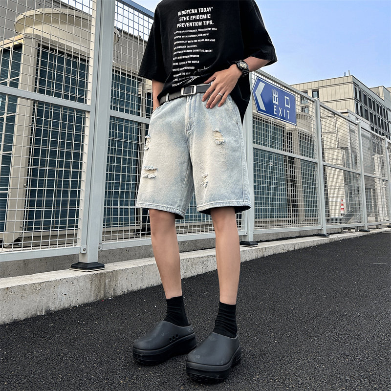 美式高街破洞水洗牛仔裤男女夏季新款直筒宽松阔腿拖地裤P37,男装牛仔裤,星座410-6（原星座1304-1）