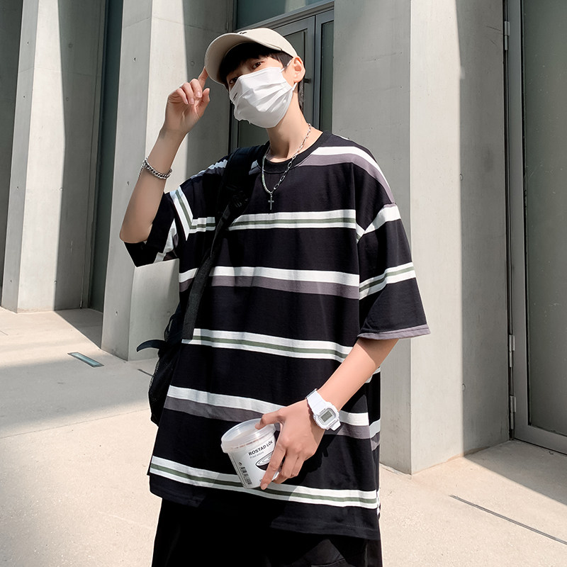 2021港风简约条纹短袖T恤上衣女宽松休闲男女同款,男装T恤,星座410-6（原星座1304-1）