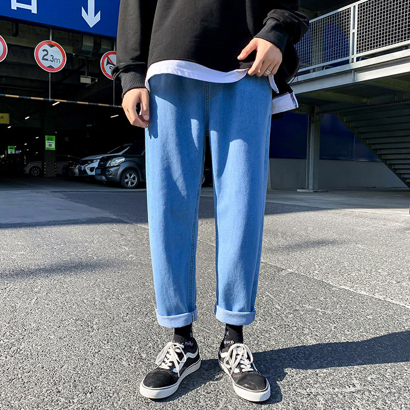 现货主推2021春秋季纯色松紧绳直筒宽松休闲牛仔裤图片