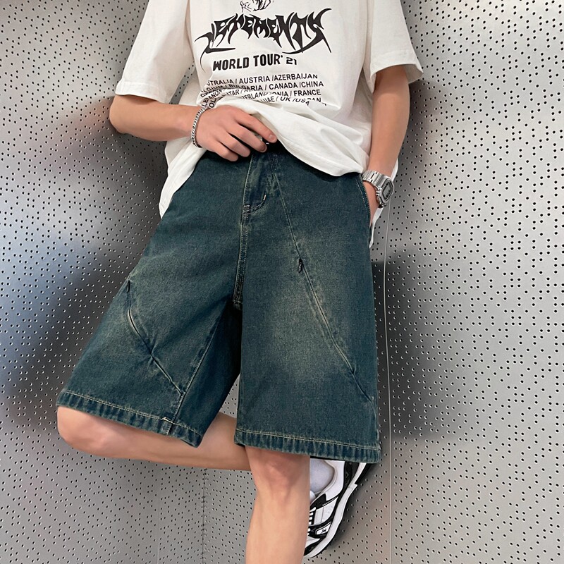 美式复古牛仔短裤男女款创意拉链宽松阔腿直筒五分裤P42,男装牛仔裤,星座410-6（原星座1304-1）