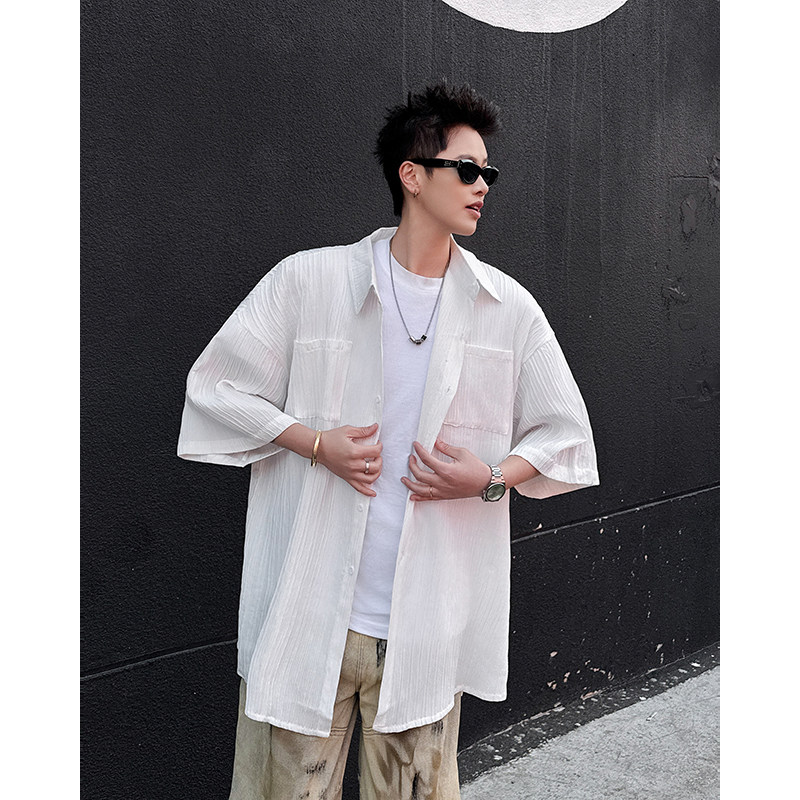 侧边排扣开叉衬衫男短袖夏季凉感冰丝防晒五分袖衬衣P40,男装防晒衣,星座410-6（原星座1304-1）