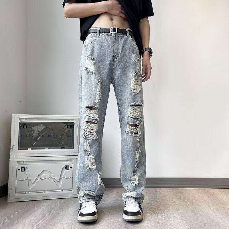 美式街头破坏感牛仔裤男夏季潮牌hiphop宽松水洗做旧百搭直筒P45图片