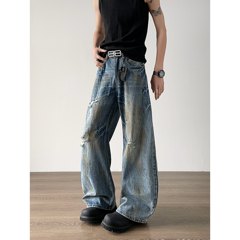 美式复古脏洗绣染做旧破洞牛仔裤男宽松直筒潮牌阔腿弯刀裤P53,男装牛仔裤,星座410-6（原星座1304-1）