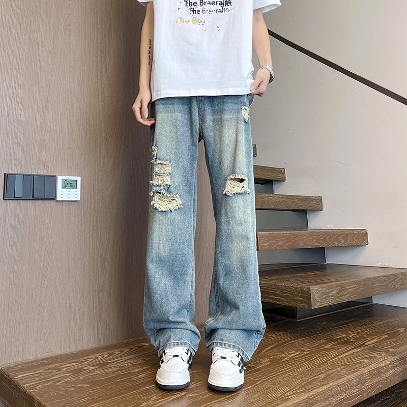 美式高街破洞牛仔裤男水洗直筒宽松拖地裤子痞帅P48,男装牛仔裤,星座410-6（原星座1304-1）