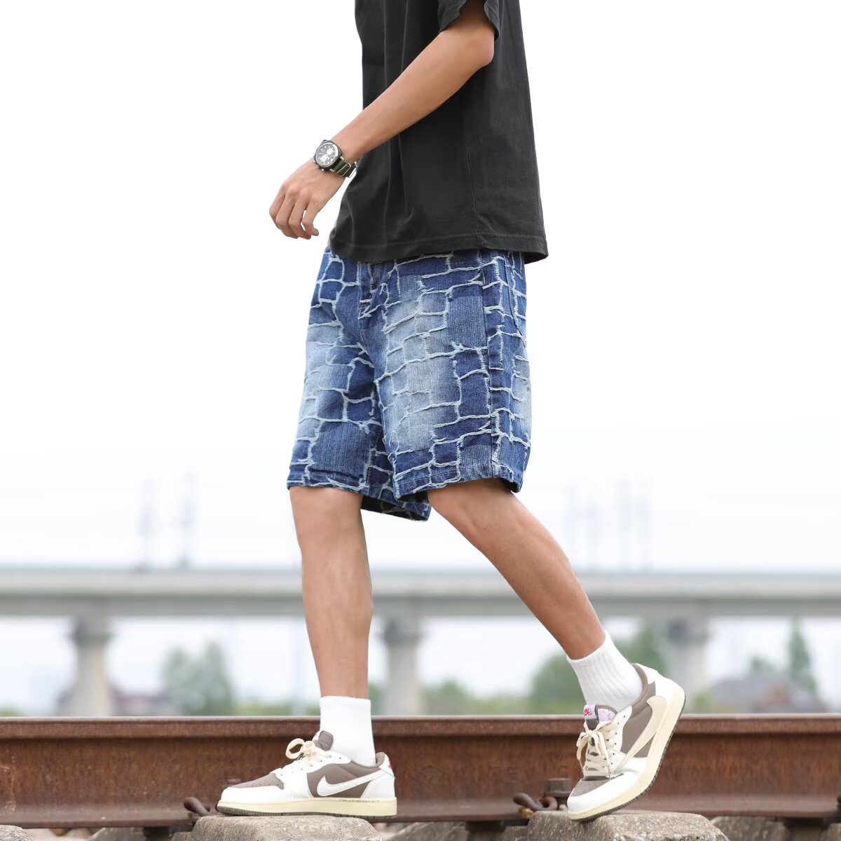 新款男士牛仔裤时尚百搭休闲提花5分裤子男宽松潮流帅气短裤P45,男装牛仔裤,星座410-6（原星座1304-1）