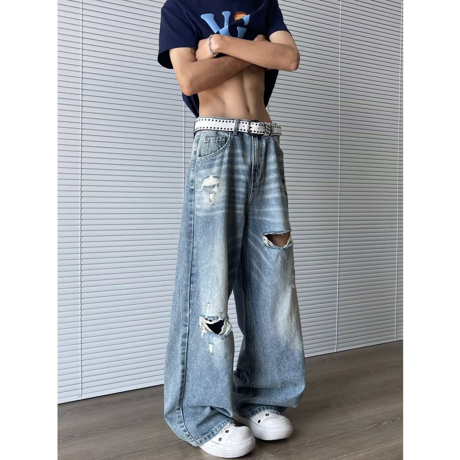 美式复古水洗做旧破洞牛仔裤男直筒宽松阔腿裤子潮P48,男装牛仔裤,星座410-6（原星座1304-1）