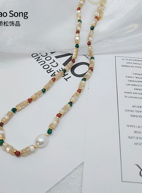 天然石项链海贝珍珠锁骨链女小众