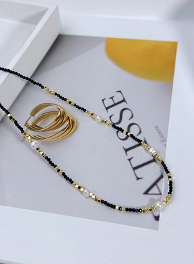 黑尖晶珍珠项链女简约冷淡风