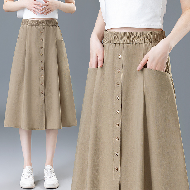 啄木鸟卡其色半身裙女新款高腰显瘦中长款a字裙百搭休闲大摆伞裙