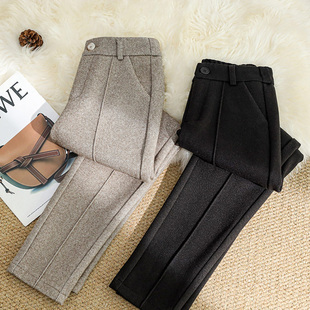 啄木鸟毛呢哈伦裤 子女秋冬加绒人字纹小个子直筒老爹呢子烟管裤