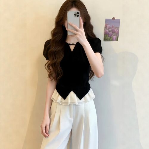 啄木鸟法式假两件短袖T恤女2026夏季微胖MM显瘦气质漂亮上衣服