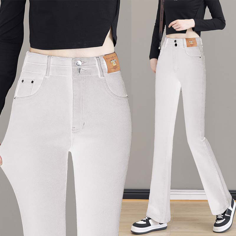 啄木鸟微喇牛仔裤女秋冬高腰修身弹力显瘦后妈裤双排扣喇叭裤子