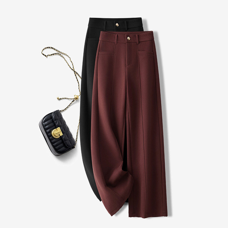 啄木鸟高端安哥拉红阔腿裤女秋冬宽松西装加绒直筒裤垂坠感拖地子