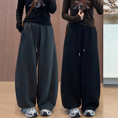 啄木鸟深灰色毛呢阔腿裤女2025秋冬季新款休闲加厚慵懒香蕉卫裤