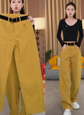啄木鸟黄色弯刀牛仔裤女2025秋冬季新款高腰梨型身材加绒香蕉裤