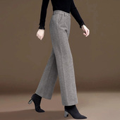 啄木鸟毛呢高腰加绒加厚九分妈妈阔腿裤 女秋冬小个子直筒呢子裤