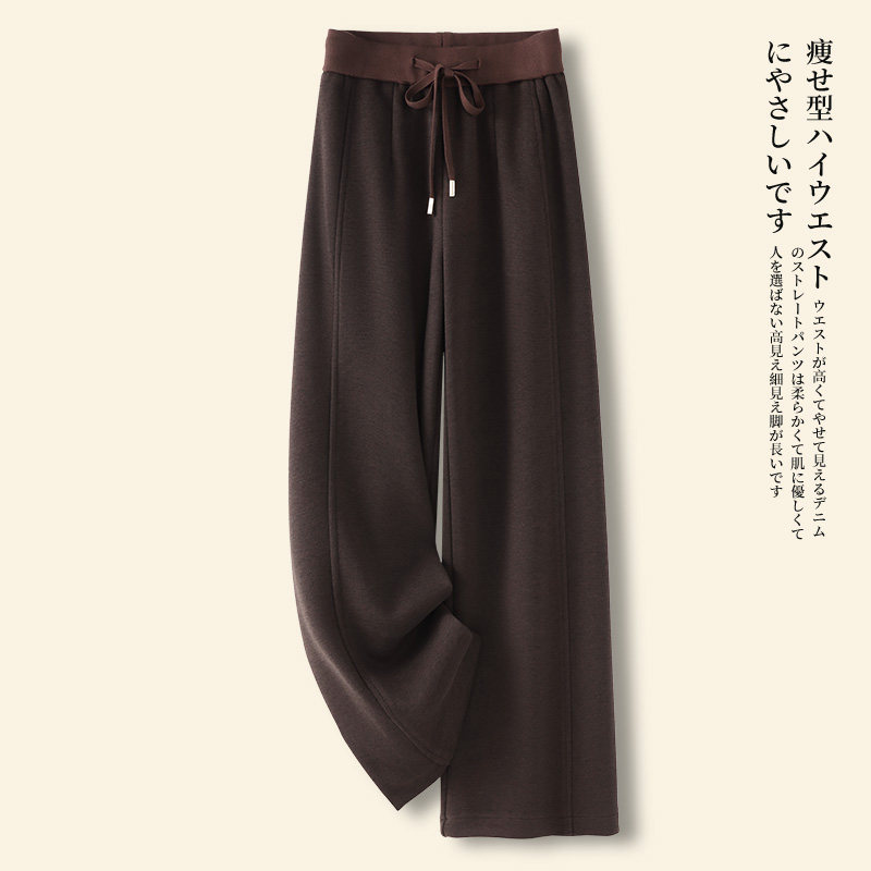 啄木鸟阔腿加绒休闲裤女秋冬季松紧系绳美拉德咖色直筒长裤