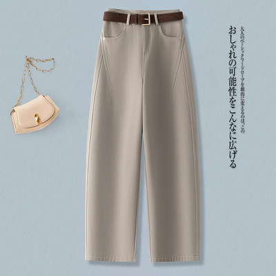 啄木鸟奶茶色长裤女牛仔裤直筒裤冬季加绒女裤裤子显瘦高腰