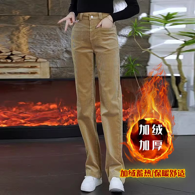 啄木鸟灯芯绒阔腿裤女秋冬季裤子高腰宽松加绒加厚条绒直筒裤女