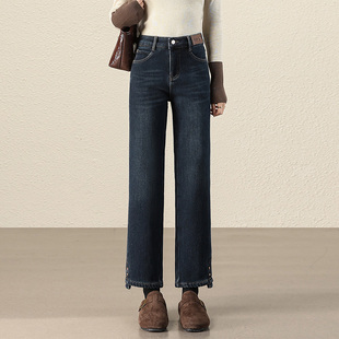 啄木鸟小个子牛仔烟管裤女冬季加绒高腰弹力修大码休闲直筒裤子