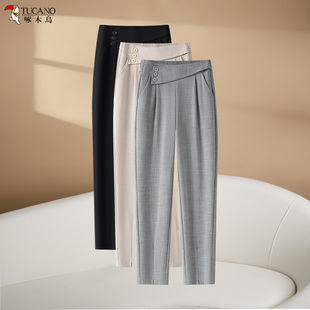 薄款 女夏季 高腰九分裤 修身 啄木鸟时尚 显瘦百搭烟管裤 棉麻哈伦裤