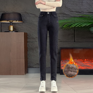加绒直筒哈伦休闲小脚裤 啄木鸟牛仔裤 女秋冬高腰松紧弹力老爹裤