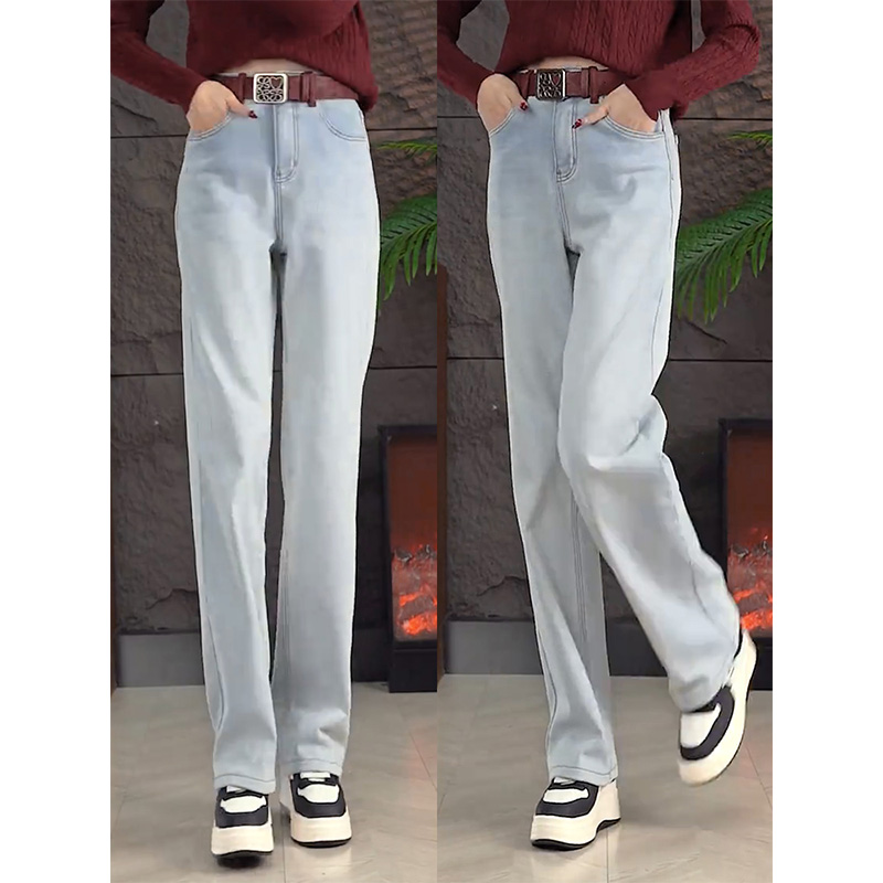 啄木鸟今年流行的浅色牛仔裤女加绒裤子秋冬加厚窄版直筒阔腿裤