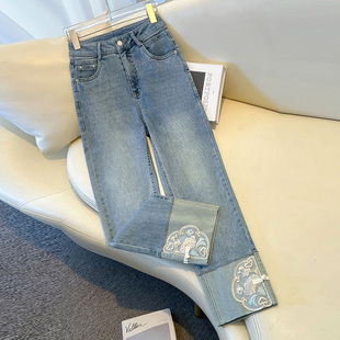 啄木鸟新中式国风大码复古牛仔裤女秋冬季新款高腰九分直筒烟管裤