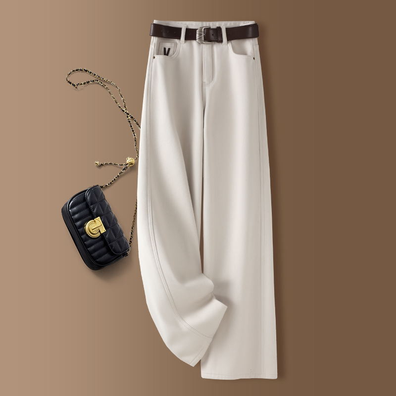 啄木鸟高档米白色牛仔阔腿裤女春秋今年流行爆款慵懒风直筒裤子