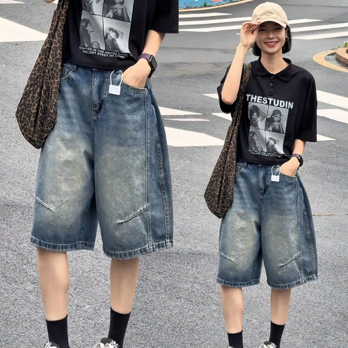 啄木鸟美式复古六分牛仔弯刀裤女士2026年夏季新款薄款阔腿短裤子