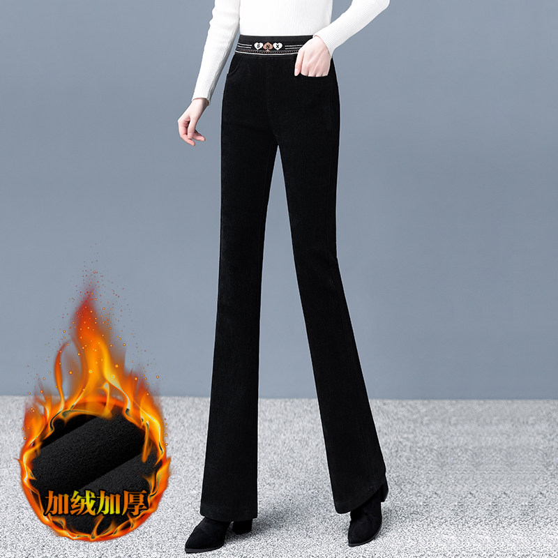 啄木鸟加绒加厚雪尼尔微喇裤女秋冬松紧高腰直筒显瘦休闲喇叭裤