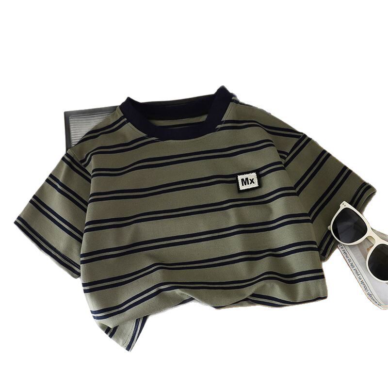 夏季男孩短袖T恤男童条纹打底衫男宝宝半袖韩系宽领休闲中小童t恤