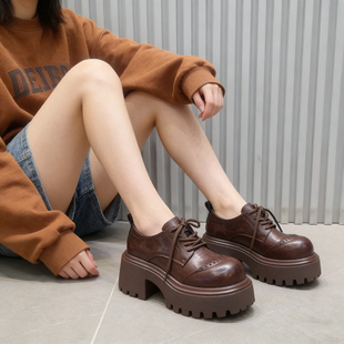 欧货真皮大头系带厚底松糕超高跟小个子7cm德比鞋乐福鞋小皮鞋女