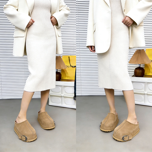 牛皮版~松糕厚底增高大头勃肯鞋女复古真皮一脚蹬懒人包头半拖鞋