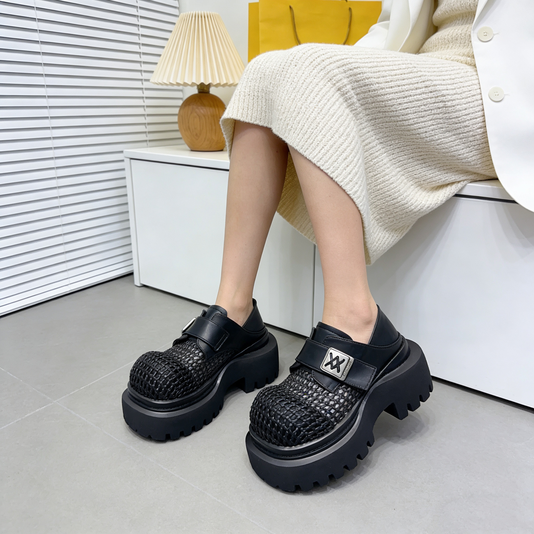 欧货真皮编织透网厚底英伦风女小皮鞋小个子增高8厘米百搭乐福鞋