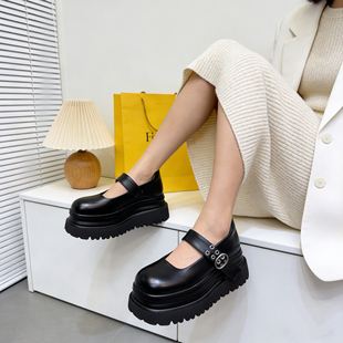 真皮版~一字玛丽珍厚底松糕超高跟小皮鞋小个子乐福鞋单鞋7cm女鞋