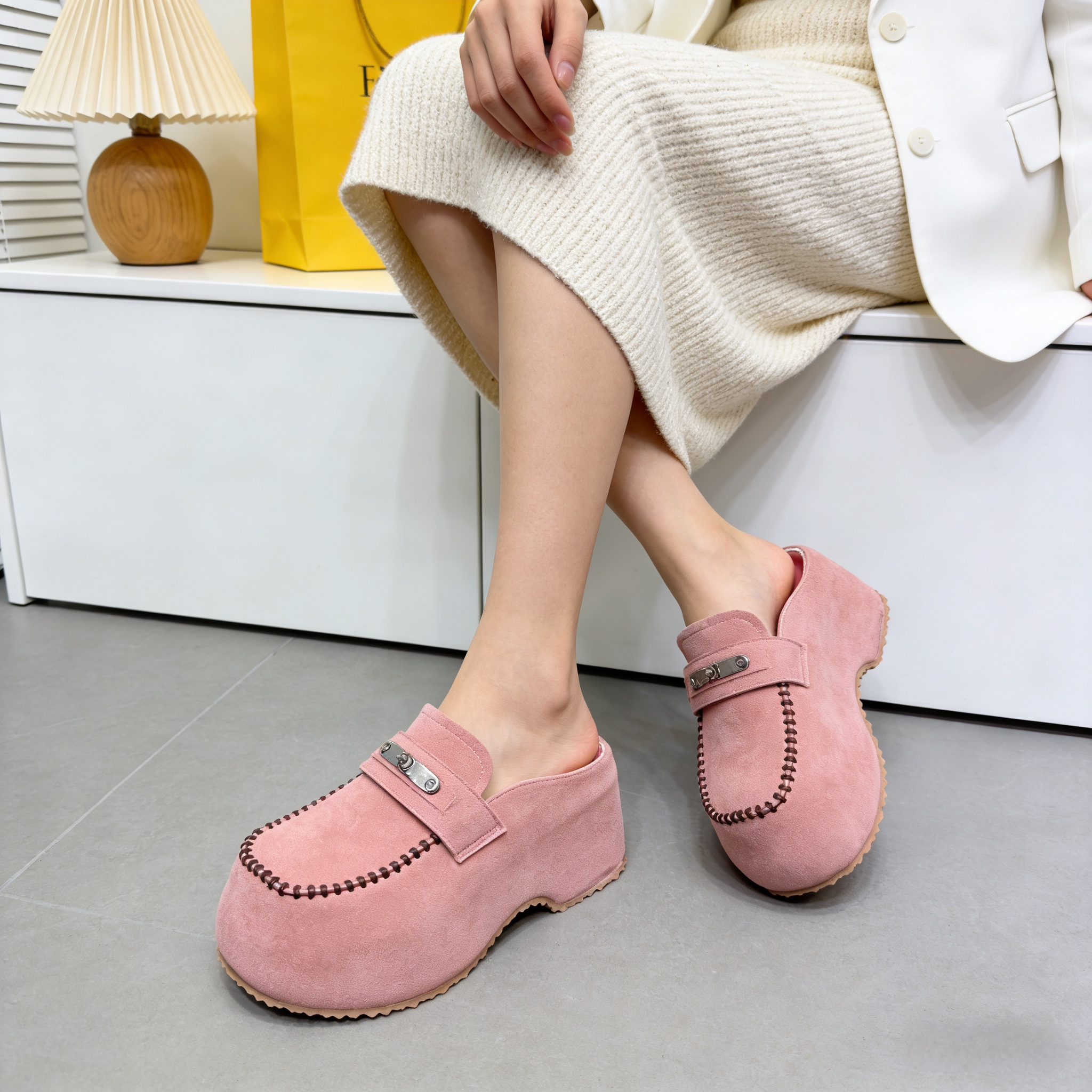 磨砂牛皮松糕厚底包头半拖鞋女外穿复古真皮小个子增高勃肯半拖鞋