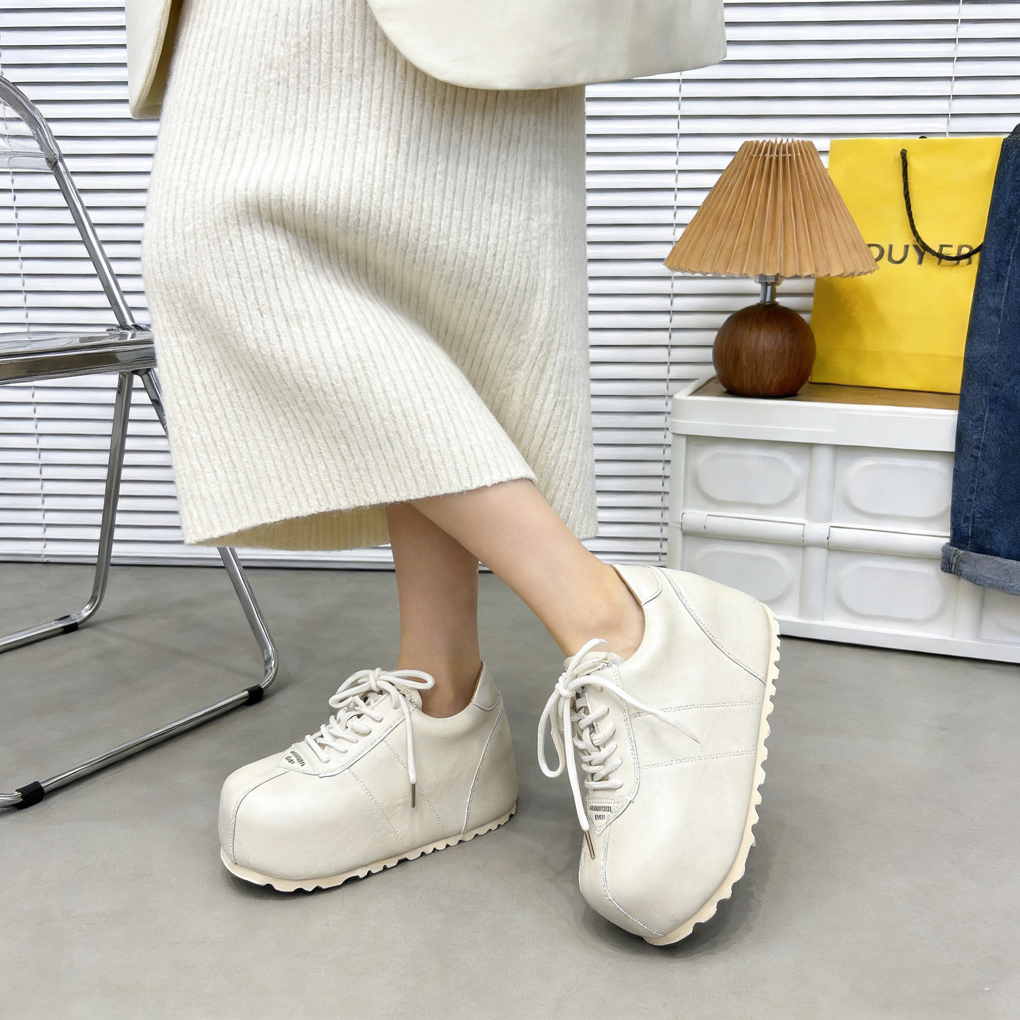 复古真皮大头面包鞋女厚底松糕丑萌勃肯鞋小个子内增高休闲乐福鞋