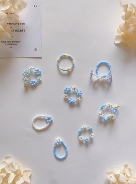 蓝白配色串珠碎花戒指ins甜美小清新春夏日韩小众配饰串珠材料包