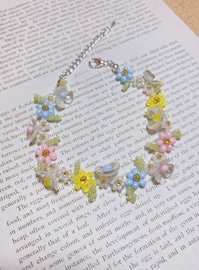 原创设计小众配饰串珠小花手链甜美粉蓝碎花手串女