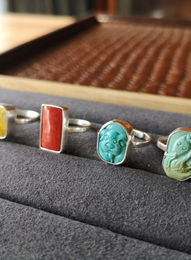 [观心]天然绿松/蜜蜡/红宝银戒指