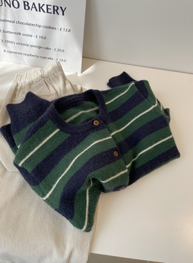 复古显白绿色条纹针织开衫女！秋冬韩系软糯百搭圆领毛衣外套上衣