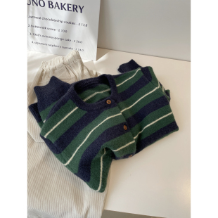 复古显白绿色条纹针织开衫 秋冬韩系软糯百搭圆领毛衣外套上衣 女