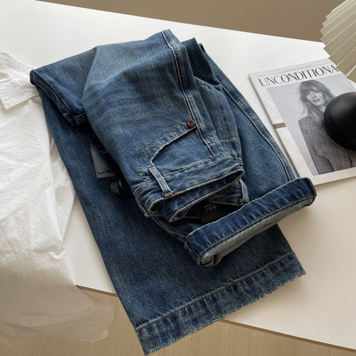 韩系复古蓝直筒牛仔裤阔腿休闲裤