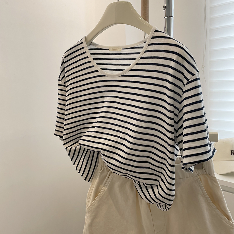清爽蓝白条纹T恤女！夏季基础款百搭V领宽松显瘦竹节棉短袖上衣薄
