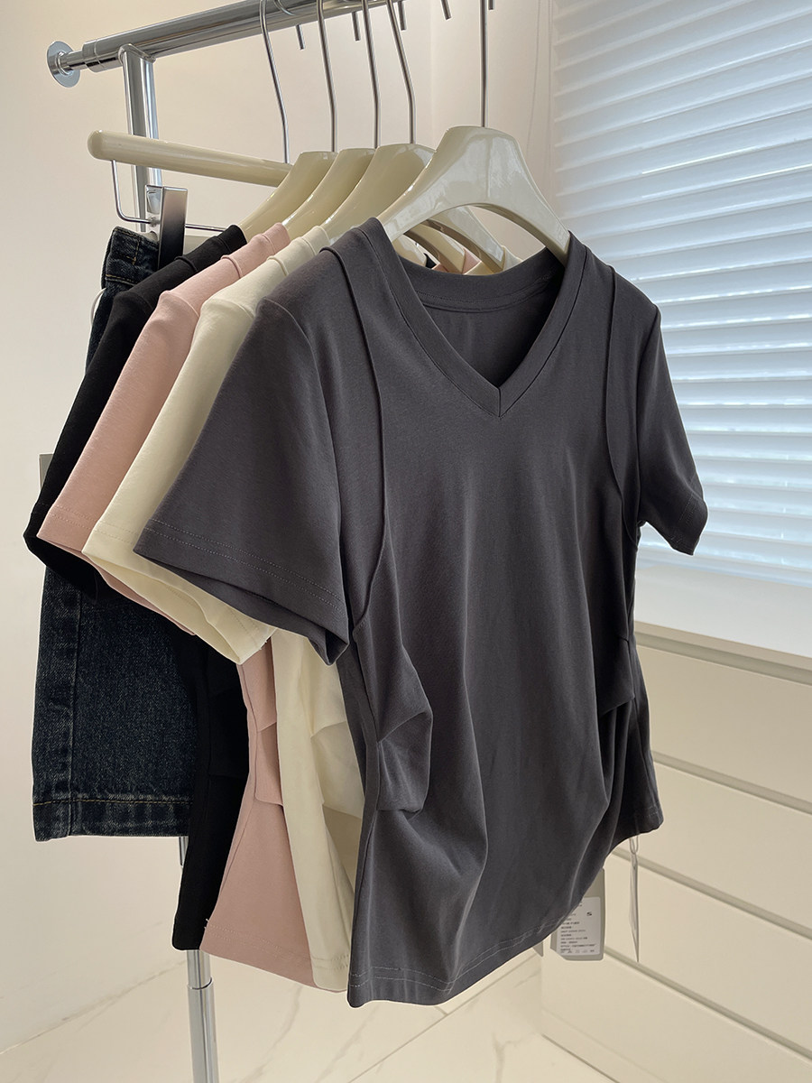 褶皱设计~小个子收腰短袖T恤女！夏季圆领V领显瘦短款正肩休闲tee