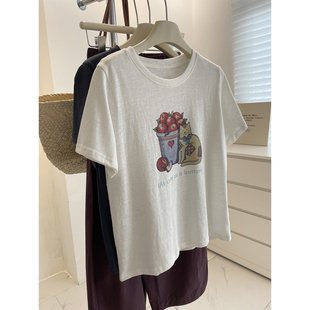 韩系减龄麻感竹节棉短袖 百搭显瘦正肩圆领休闲上衣Tee t恤女 夏季
